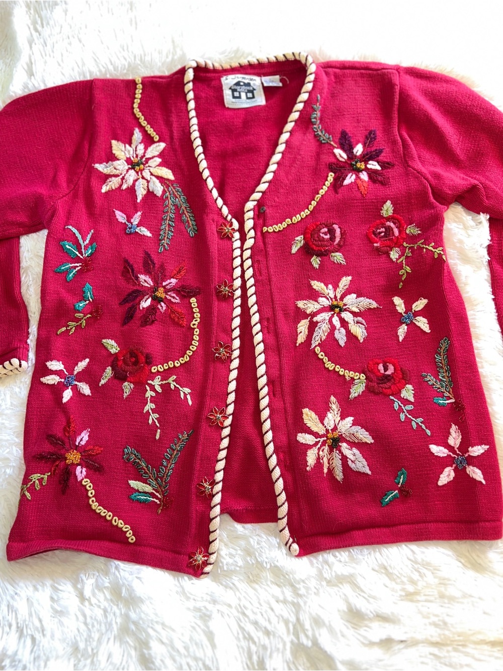 Storybook Knits Red Floral Hand-Embroidered Cardigan
